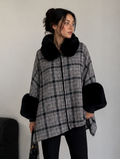 Plaid Fur Collar Wool Poncho