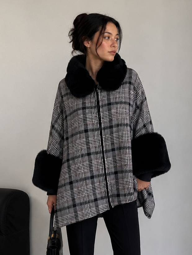 Plaid Fur Collar Wool Poncho